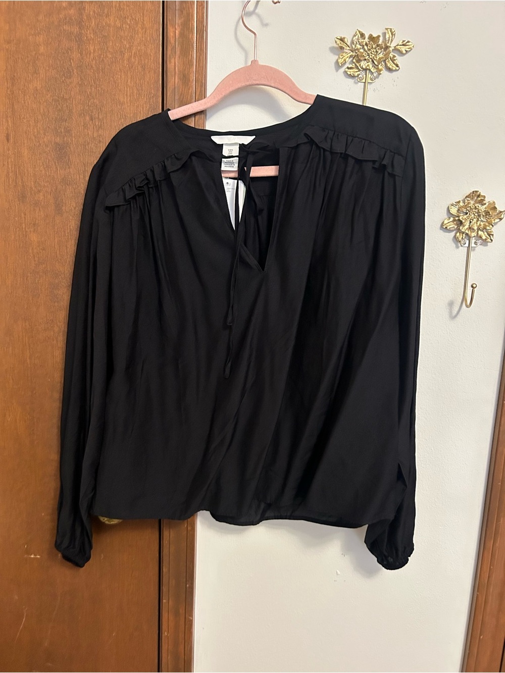 H&M Black Ruffle Yoke Tie-Front Blouse